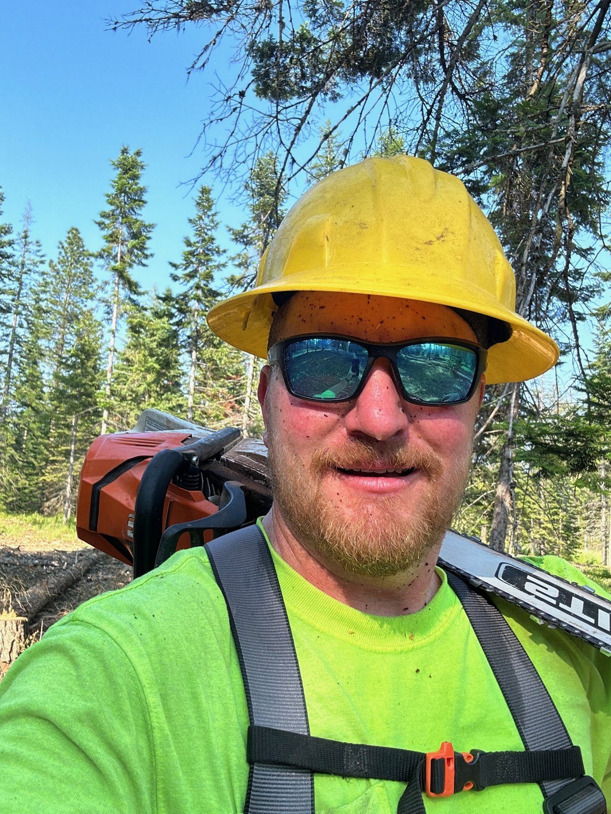 Joey Few, founder of Premier Land Service, on a North Idaho job site with chainsaw and hardhat
