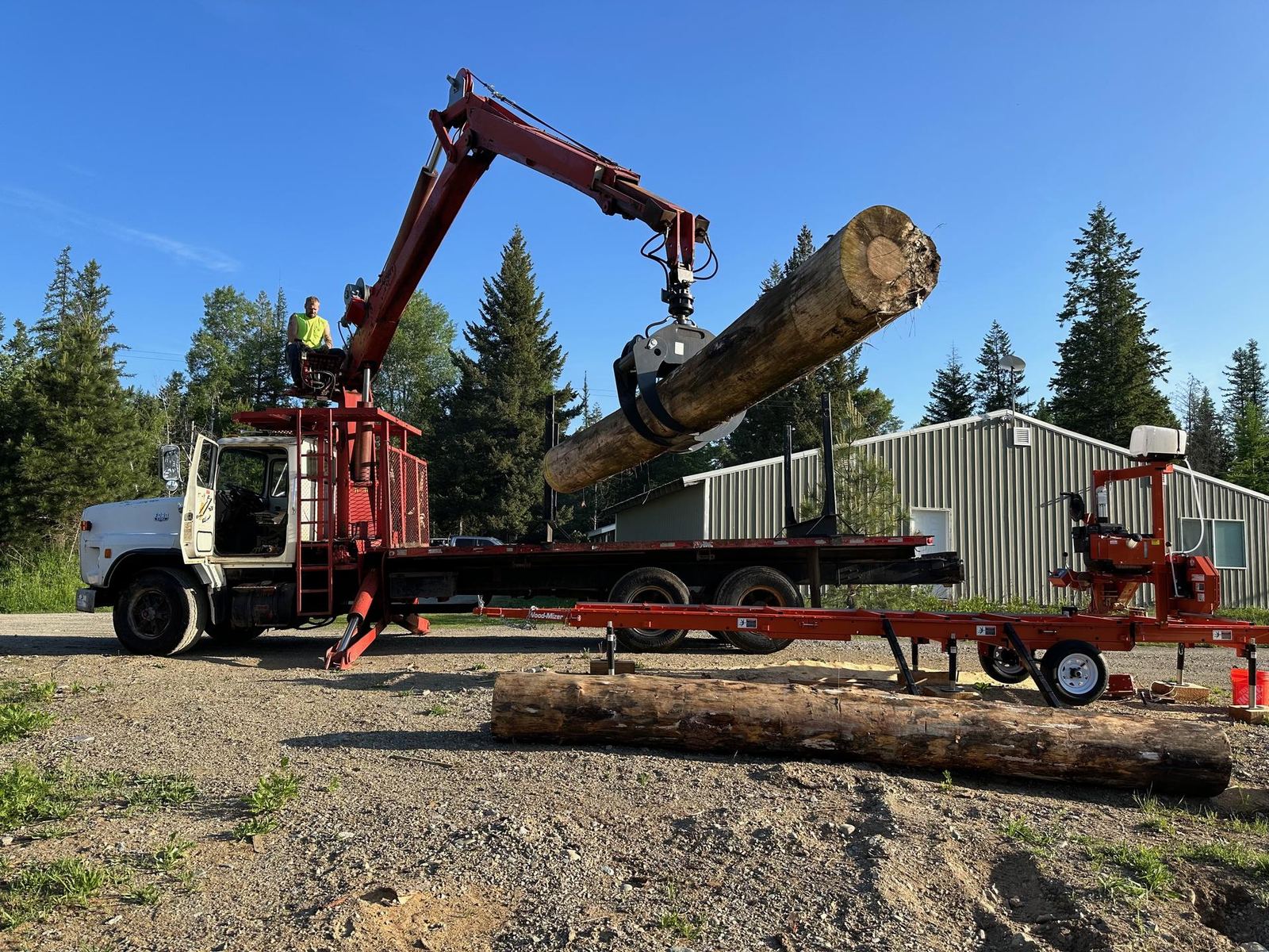 Log loader truck lifting pine logs at Premier Land Service logging yard