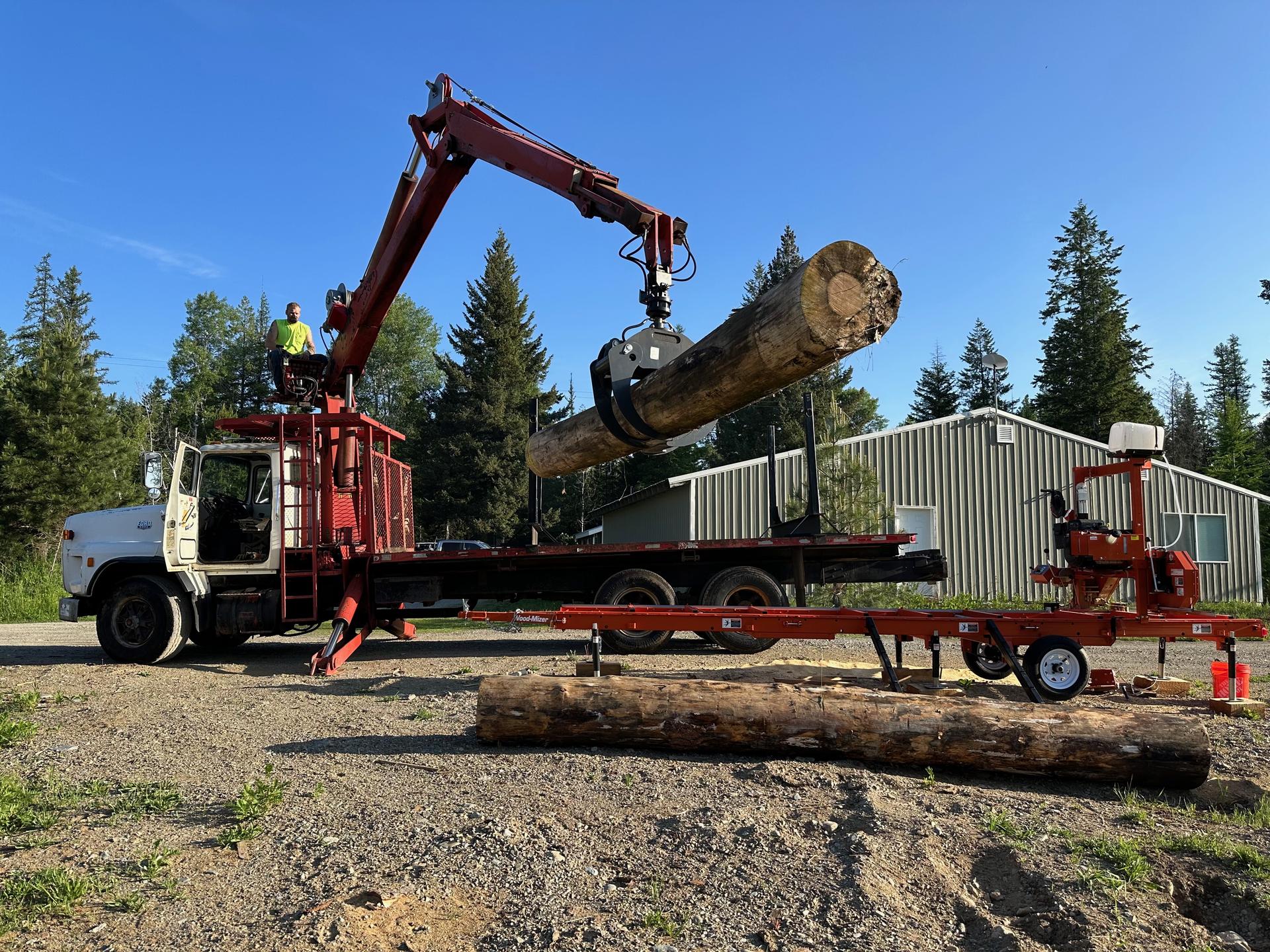 Log loader truck grappling large pine log at Premier Land Service timber operation